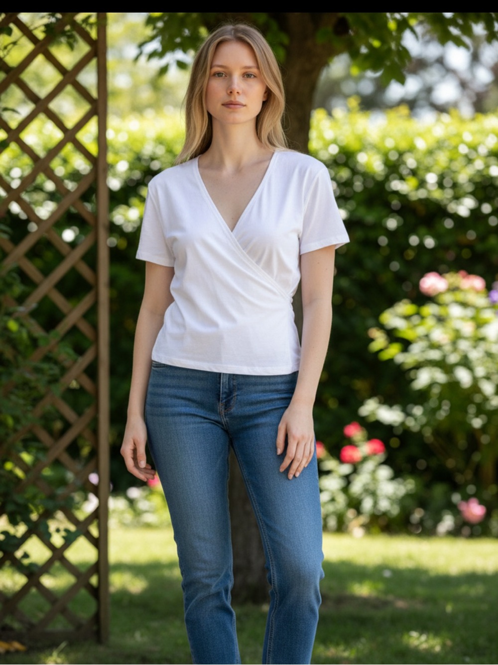 👗Tweeds White Short Sleeve V-Neck Wrap-Style Top